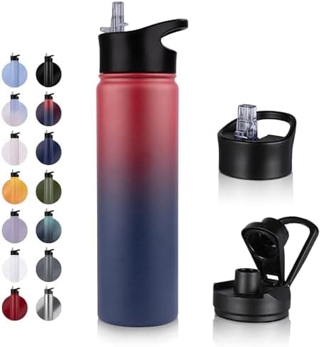 Edelstahl Trinkflasche - 1L - mit Strohhalm, BPA frei Thermosflasche,Vakuum Doppelwandisolierung für Sport,Schule und Fa