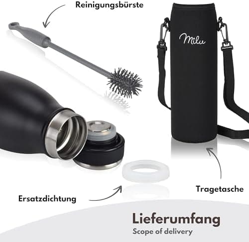 Milu Edelstahl Trinkflasche für Erwachsene – 750ml Isolierflasche zum Tragen – auslaufsicher, Kohlensäuregerecht inkl. R