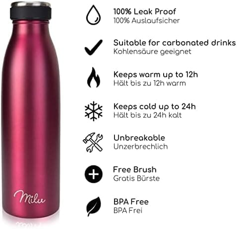 Milu Edelstahl Trinkflasche für Erwachsene – 750ml Isolierflasche zum Tragen – auslaufsicher, Kohlensäuregerecht inkl. R