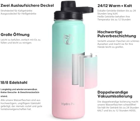 HydroPal Edelstahl Trinkflasche - Isolierte Flasche mit Strohhalm & 2 Deckeln, Auslaufsichere Isolierung für Sport, 500m