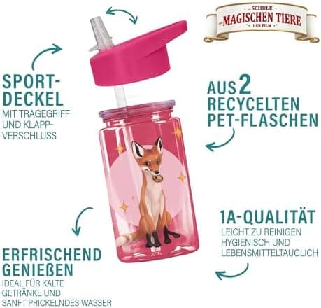 AWAVE Schule Magische Tiere Trinkflasche Kinder Edelstahl 380ml Blau Kohlensäure geeignet Thermosflasche Juri Einhandöff