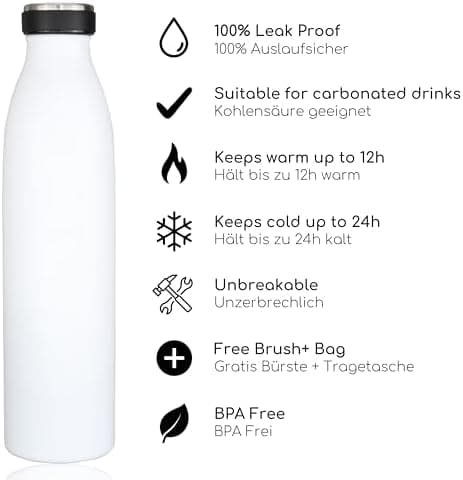 Milu Edelstahl Trinkflasche für Erwachsene – 750ml Isolierflasche zum Tragen – auslaufsicher, Kohlensäuregerecht inkl. R