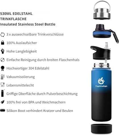 hydro2go Edelstahl Trinkflasche Mit Strohhalm, Bpa-Frei, Isolierflasche Für Kinder, Sport & Outdoor, 12h Heiß 24h Kalt H
