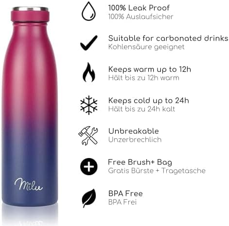 Milu Edelstahl Trinkflasche für Erwachsene – 750ml Isolierflasche zum Tragen – auslaufsicher, Kohlensäuregerecht inkl. R