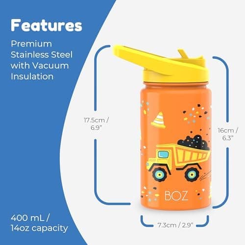 BOZ Isolierte Wasserflasche für Kinder | Edelstahl, doppelwandig, 414 ml | Praktisch und bequem mit Strohhalm-Deckel