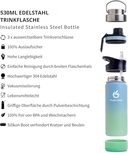 hydro2go Edelstahl Trinkflasche Mit Strohhalm, Bpa-Frei, Isolierflasche Für Kinder, Sport & Outdoor, 12h Heiß 24h Kalt H