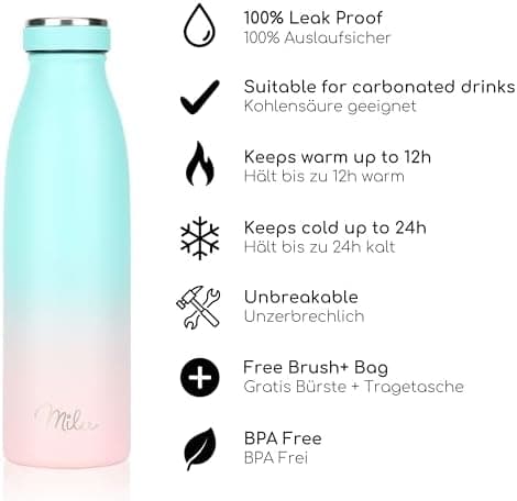 Milu Edelstahl Trinkflasche für Erwachsene – 750ml Isolierflasche zum Tragen – auslaufsicher, Kohlensäuregerecht inkl. R