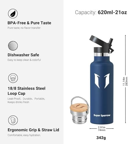 Super Sparrow Trinkflasche Edelstahl - Auslaufsicher Thermoskanne - Kinder für Sprudel, Sport, Schule, Fitness - 500ml -