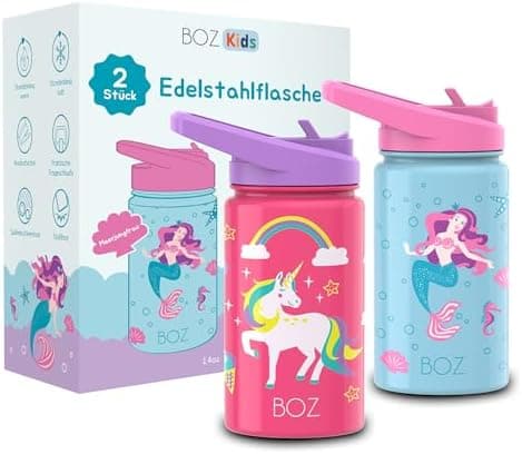 BOZ Isolierte Wasserflasche für Kinder | Edelstahl, doppelwandig, 414 ml | Praktisch und bequem mit Strohhalm-Deckel