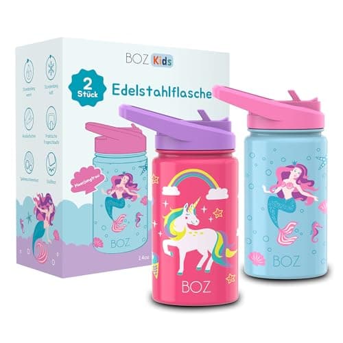 BOZ Isolierte Wasserflasche für Kinder | Edelstahl, doppelwandig, 414 ml | Praktisch und bequem mit Strohhalm-Deckel