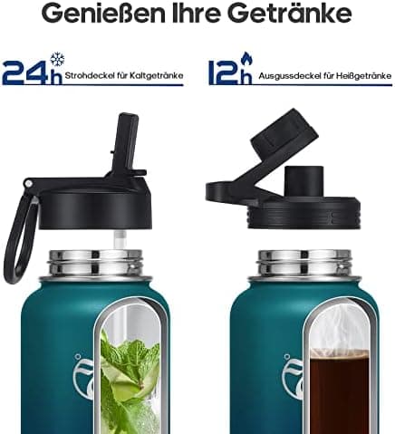 HydroPal Edelstahl Trinkflasche - Isolierte Flasche mit Strohhalm & 2 Deckeln, Auslaufsichere Isolierung für Sport, 500m