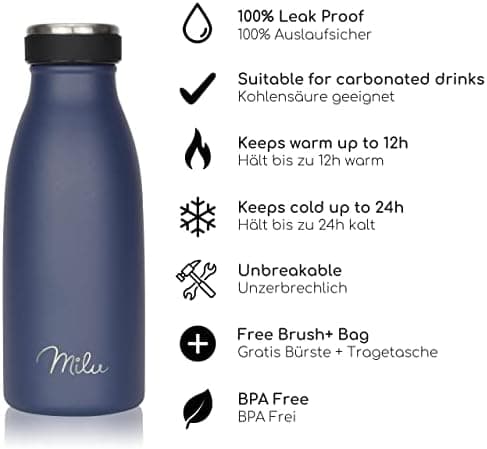 Milu Edelstahl Trinkflasche für Erwachsene – 750ml Isolierflasche zum Tragen – auslaufsicher, Kohlensäuregerecht inkl. R