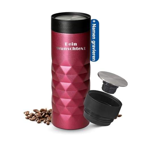 Thermobecher personalisiert 450 ml - auslaufsicherer Edelstahl to go Becher - Kaffeebecher für Büro, Auto und Uni - hält
