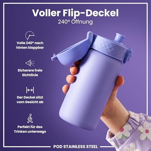 ion8 Kinder Trinkflasche Edelstahl 400ml Nicht Isoliert Sichere Verriegelung Spülmaschinenfest Klappdeckel Leicht zu Rei