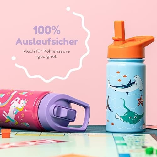 BOZ Isolierte Wasserflasche für Kinder | Edelstahl, doppelwandig, 414 ml | Praktisch und bequem mit Strohhalm-Deckel
