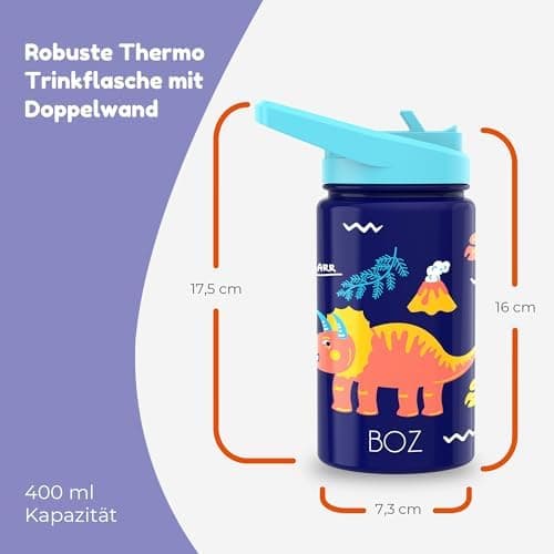 BOZ Isolierte Wasserflasche für Kinder | Edelstahl, doppelwandig, 414 ml | Praktisch und bequem mit Strohhalm-Deckel
