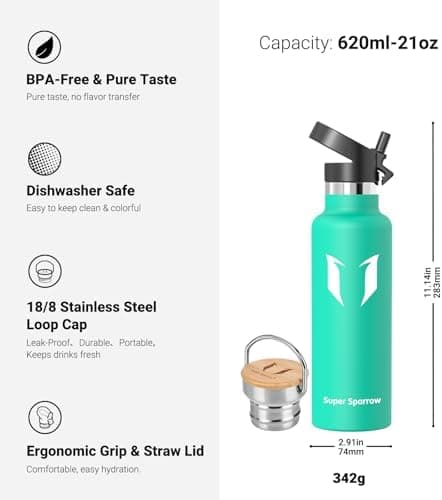 Super Sparrow Trinkflasche Edelstahl - Auslaufsicher Thermoskanne - Kinder für Sprudel, Sport, Schule, Fitness - 500ml -