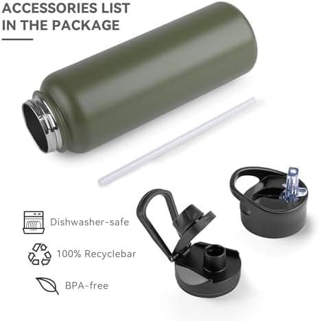 Edelstahl Trinkflasche - 1L - mit Strohhalm, BPA frei Thermosflasche,Vakuum Doppelwandisolierung für Sport,Schule und Fa