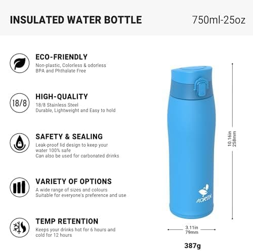 AORIN Trinkflasche Edelstahl 18/8, 500ml, BPA-Frei, Doppelwandig Isolierflasche für Sport, Schule und Outdooraktivitäten