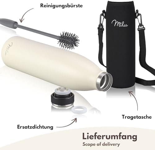 Milu Edelstahl Trinkflasche für Erwachsene – 750ml Isolierflasche zum Tragen – auslaufsicher, Kohlensäuregerecht inkl. R