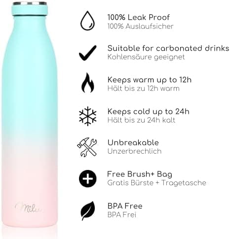 Milu Edelstahl Trinkflasche für Erwachsene – 750ml Isolierflasche zum Tragen – auslaufsicher, Kohlensäuregerecht inkl. R