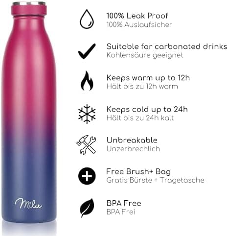 Milu Edelstahl Trinkflasche für Erwachsene – 750ml Isolierflasche zum Tragen – auslaufsicher, Kohlensäuregerecht inkl. R