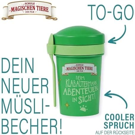 AWAVE Müslibecher To Go - Magische Tiere Schule 540 ml rPET Grün Henrietta, Joghurt-Früchte-Suppe Becher mit Löffel, Aus