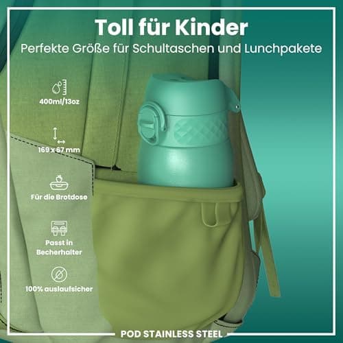 ion8 Kinder Trinkflasche Edelstahl 400ml Nicht Isoliert Sichere Verriegelung Spülmaschinenfest Klappdeckel Leicht zu Rei