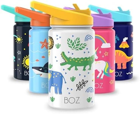 BOZ Isolierte Wasserflasche für Kinder | Edelstahl, doppelwandig, 414 ml | Praktisch und bequem mit Strohhalm-Deckel
