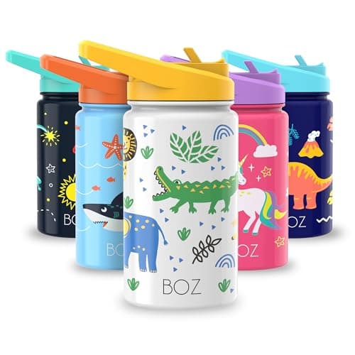 BOZ Isolierte Wasserflasche für Kinder | Edelstahl, doppelwandig, 414 ml | Praktisch und bequem mit Strohhalm-Deckel