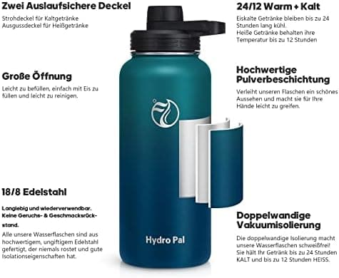 HydroPal Edelstahl Trinkflasche - Isolierte Flasche mit Strohhalm & 2 Deckeln, Auslaufsichere Isolierung für Sport, 500m