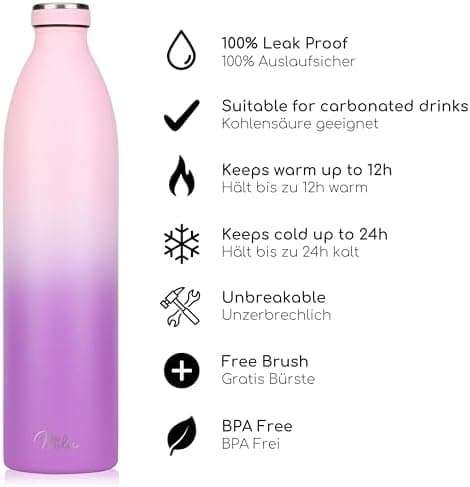 Milu Edelstahl Trinkflasche für Erwachsene – 750ml Isolierflasche zum Tragen – auslaufsicher, Kohlensäuregerecht inkl. R