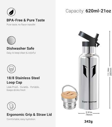 Super Sparrow Trinkflasche Edelstahl - Auslaufsicher Thermoskanne - Kinder für Sprudel, Sport, Schule, Fitness - 500ml -