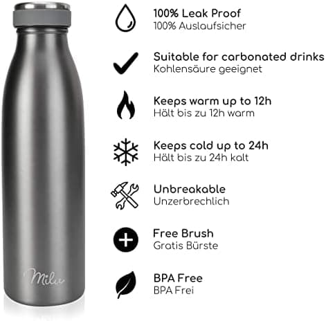 Milu Edelstahl Trinkflasche für Erwachsene – 750ml Isolierflasche zum Tragen – auslaufsicher, Kohlensäuregerecht inkl. R
