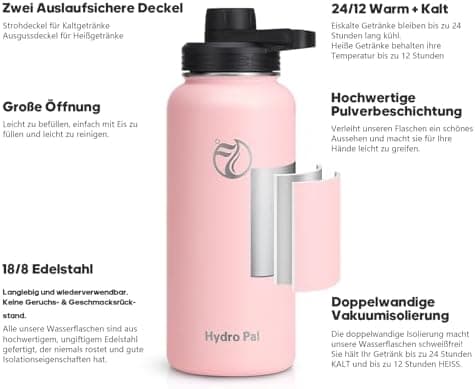 HydroPal Edelstahl Trinkflasche - Isolierte Flasche mit Strohhalm & 2 Deckeln, Auslaufsichere Isolierung für Sport, 500m