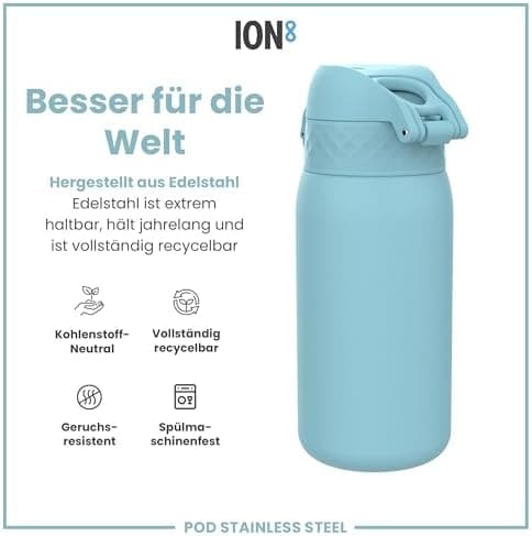 ion8 Kinder Trinkflasche Edelstahl 400ml Nicht Isoliert Sichere Verriegelung Spülmaschinenfest Klappdeckel Leicht zu Rei