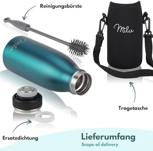 Milu Edelstahl Trinkflasche für Erwachsene – 750ml Isolierflasche zum Tragen – auslaufsicher, Kohlensäuregerecht inkl. R
