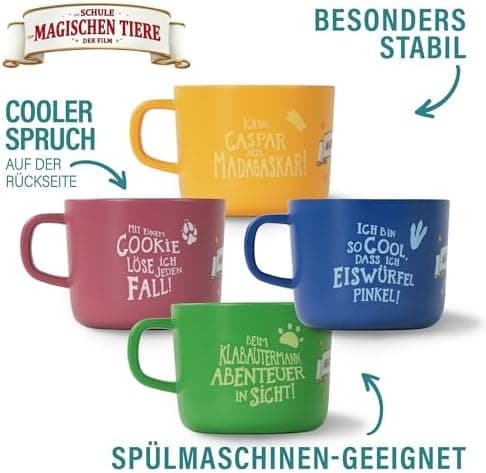 AWAVE Kinder Tasse Set | 4-teilig | 250 ml rPET Henkelbecher | Fuchs Rabbat Pinguin Juri Schildkröte Henrietta Chamäleon