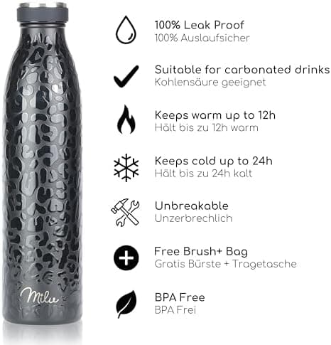 Milu Edelstahl Trinkflasche für Erwachsene – 750ml Isolierflasche zum Tragen – auslaufsicher, Kohlensäuregerecht inkl. R