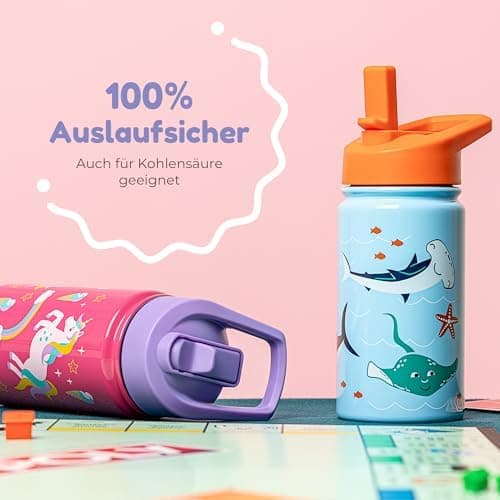 BOZ Isolierte Wasserflasche für Kinder | Edelstahl, doppelwandig, 414 ml | Praktisch und bequem mit Strohhalm-Deckel