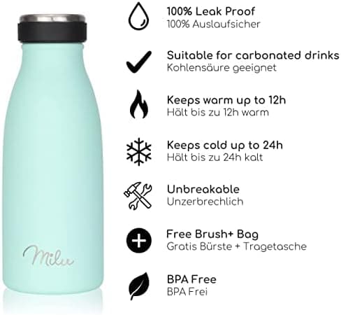 Milu Edelstahl Trinkflasche für Erwachsene – 750ml Isolierflasche zum Tragen – auslaufsicher, Kohlensäuregerecht inkl. R