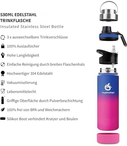 hydro2go Edelstahl Trinkflasche Mit Strohhalm, Bpa-Frei, Isolierflasche Für Kinder, Sport & Outdoor, 12h Heiß 24h Kalt H