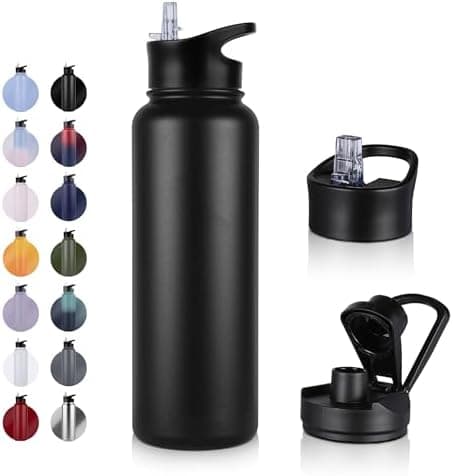 Edelstahl Trinkflasche - 1L - mit Strohhalm, BPA frei Thermosflasche,Vakuum Doppelwandisolierung für Sport,Schule und Fa