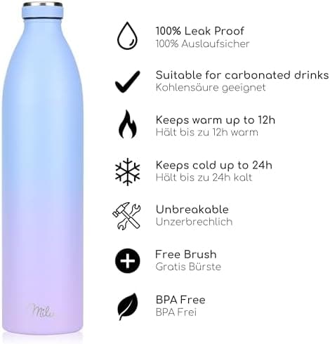 Milu Edelstahl Trinkflasche für Erwachsene – 750ml Isolierflasche zum Tragen – auslaufsicher, Kohlensäuregerecht inkl. R