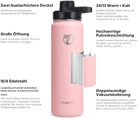 HydroPal Edelstahl Trinkflasche - Isolierte Flasche mit Strohhalm & 2 Deckeln, Auslaufsichere Isolierung für Sport, 500m