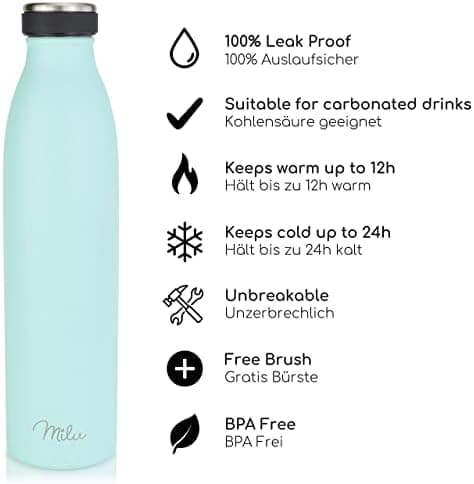 Milu Edelstahl Trinkflasche für Erwachsene – 750ml Isolierflasche zum Tragen – auslaufsicher, Kohlensäuregerecht inkl. R