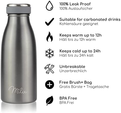 Milu Edelstahl Trinkflasche für Erwachsene – 750ml Isolierflasche zum Tragen – auslaufsicher, Kohlensäuregerecht inkl. R