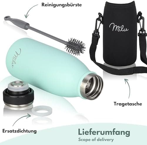 Milu Edelstahl Trinkflasche für Erwachsene – 750ml Isolierflasche zum Tragen – auslaufsicher, Kohlensäuregerecht inkl. R