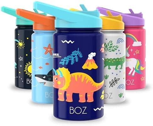BOZ Isolierte Wasserflasche für Kinder | Edelstahl, doppelwandig, 414 ml | Praktisch und bequem mit Strohhalm-Deckel