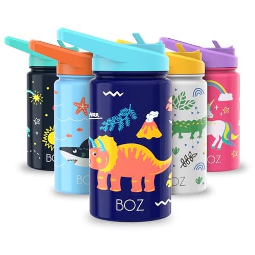 BOZ Isolierte Wasserflasche für Kinder | Edelstahl, doppelwandig, 414 ml | Praktisch und bequem mit Strohhalm-Deckel
